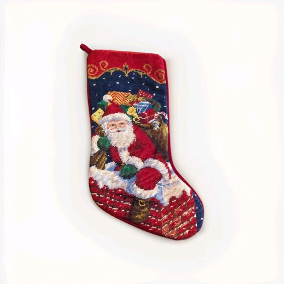 Santa Claus Chimney Needlepoint Christmas Stocking Red Velvet Wool Cotton - Picture 1 of 5